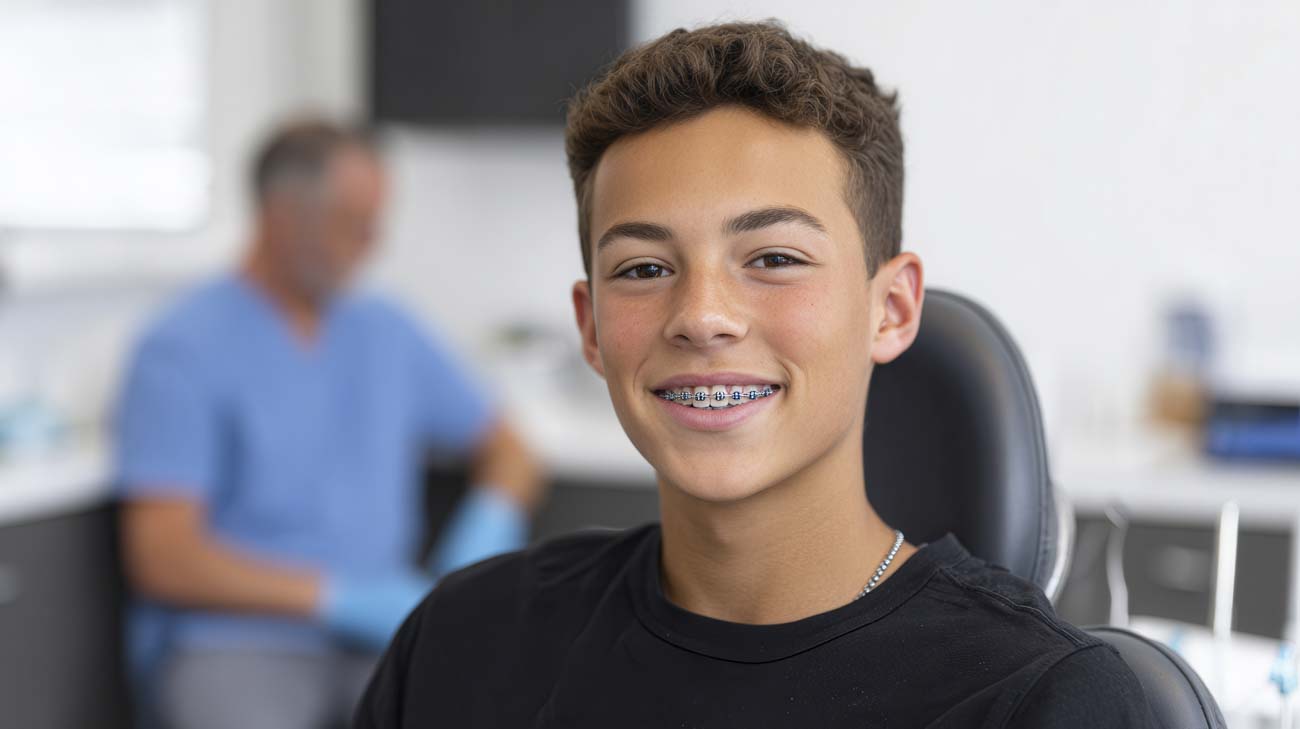 teen boy with braces smiling